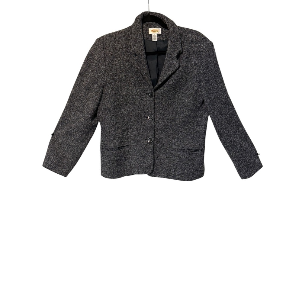 Talbots Blazer Women 12 Grey Wool Blend Tweed 3-Button Lined Professional Office